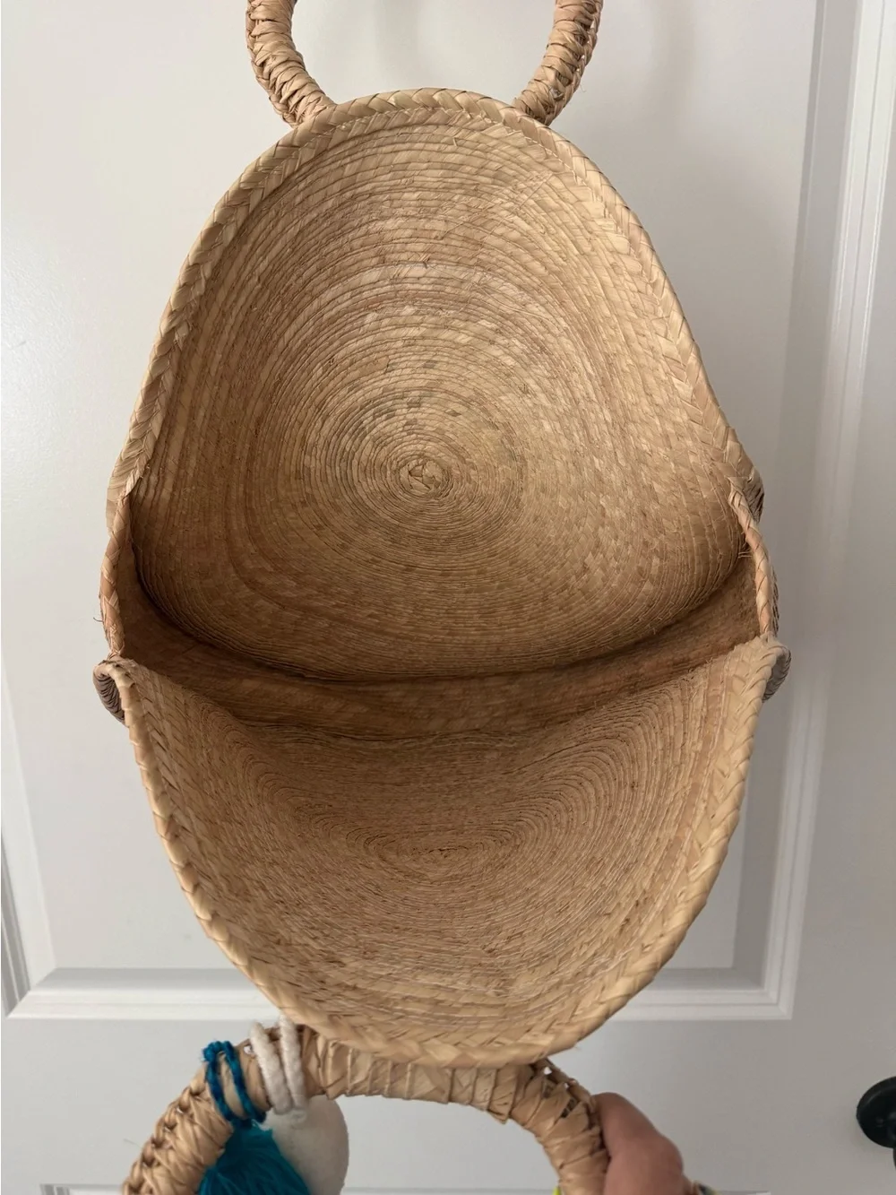 Round Straw Bag with Blue & White Tassels
